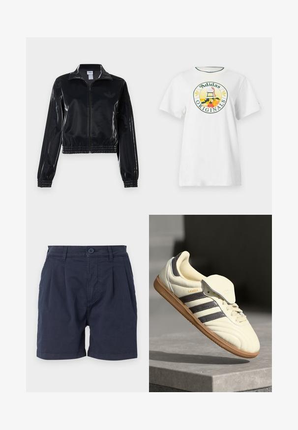 Μαύρο γυαλιστερό ζακέτα με φερμουάρ και ελαστικούς καρπούς και στρίφωμα, με διακριτικές τρεις λωρίδες στα μανίκια και λογότυπο σε τονική απόχρωση στο στήθος.; Λευκό βαμβακερό πόλο με κοντά μανίκια, διακοσμημένο με έναν στρογγυλό γραφικό λογότυπο σε πράσινο και κίτρινο, που εμφανίζει "Adidas Originals" και σχέδια φρούτων.; Ναυτική μπλε σορτς κατασκευασμένα από υφαντό ύφασμα, με κουμπί μπροστά, πτυχώσεις και πλαϊνές τσέπες. Καθαρό στρίφωμα στις άκρες των ποδιών.; Κρέμ δερμάτινο sneakers με τρεις σκούρες ρίγες, καφέ γόμα σόλα και στρογγυλή μύτη. Περιλαμβάνει αναδιπλούμενη γλώσσα με την ετικέτα "SAMBA."