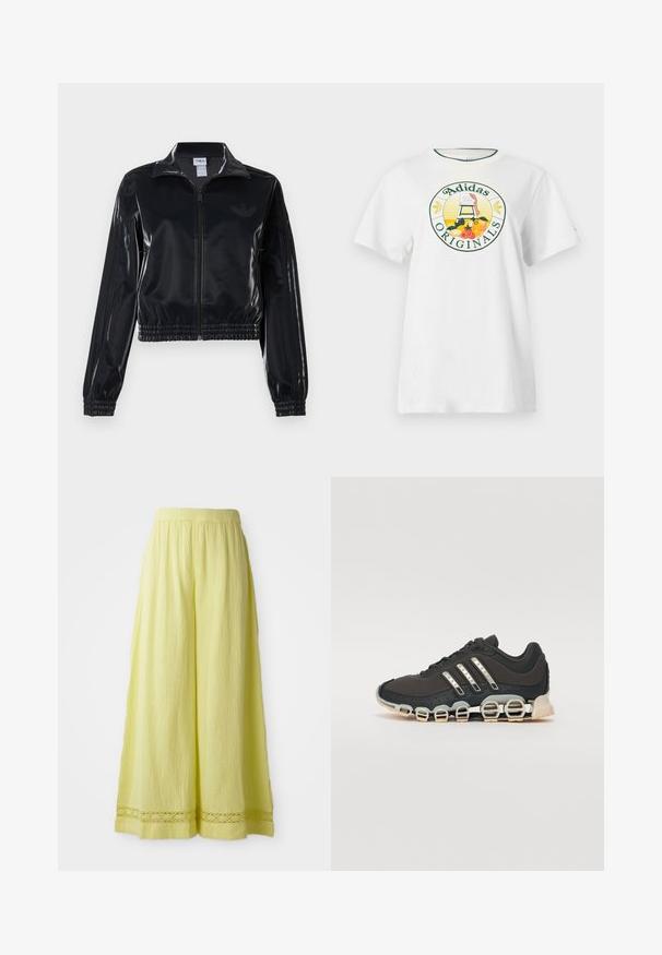 Jachetă sport neagră, lucioasă, cu fermoar, cu manșete și tiv elastic, având detalii subtile cu trei dungi pe mâneci și un logo tonal pe piept.; Tricou alb din bumbac, cu mâneci scurte, având un logo grafic rotund în verde și galben, care afișează "Adidas Originals" și desene cu fructe.; Pantaloni largi galbeni, realizați dintr-un material texturat, cu o talie elastică. Prezintă un detaliu tip croșetat la tiv.; Pantof cu aspect sport de culoare neagră, cu un superior texturat, trei dungi argintii și o talpă de amortizare distinctivă, ce prezintă multiple secțiuni integrate.