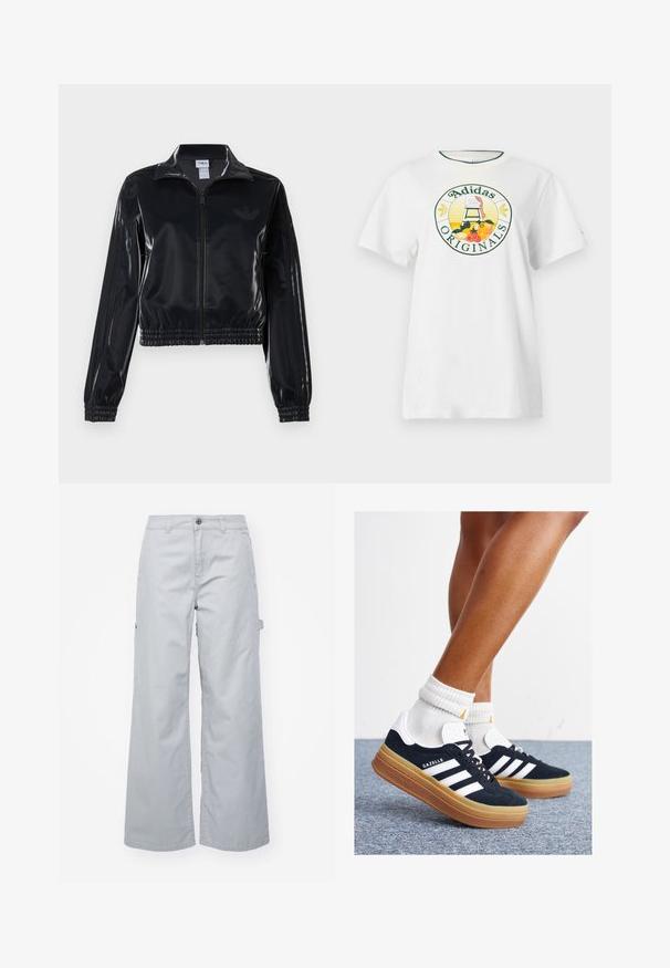 Black glossy zip-up track jacket with elastic cuffs and hem, featuring subtle three-stripe detailing on sleeves and a tonal logo on chest.; White cotton t-shirt with short sleeves, featuring a round graphic logo in green and yellow, displaying "Adidas Originals" and fruit designs.; Gray wide-leg cargo pants with a button closure, two side pockets, and one pocket with a flap. Made from durable fabric with a smooth texture.; Black suede sneakers with white stripes and accents, rounded toe, gum rubber outsole, paired with white ribbed crew socks.