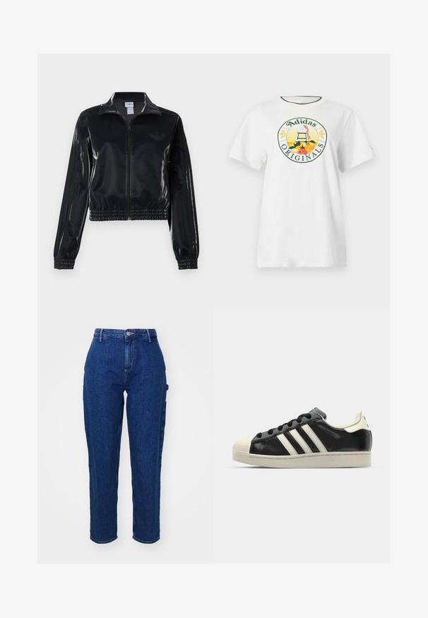 Juodas blizgus zip-up sportinis švarkas su elastinėmis rankovėmis ir apatine dalimi, su subtiliais trimis juostomis ant rankovių ir toniniu logotipu krūtinėje.; Balta medvilnė marškinėliai trumpomis rankovėmis, su apvaliu grafiniu logotipu žaliai ir geltonai, kuriame yra užrašas "Adidas Originals" ir vaisių dizainai.; Tamsiai mėlynos džinsinės kelnės su aukštu juosmeniu, tiesiomis kojomis, priekyje užsegamos mygtuku ir su šoninėmis kišenėmis. Lygus paviršius su nedideliu tamprumu.; Juodi odiniai sportiniai bateliai su baltais dryžiais, guminis toe kapas, juodi raišteliai ir kreminis padas. Lygus pavirčius su blizgiu finišu.