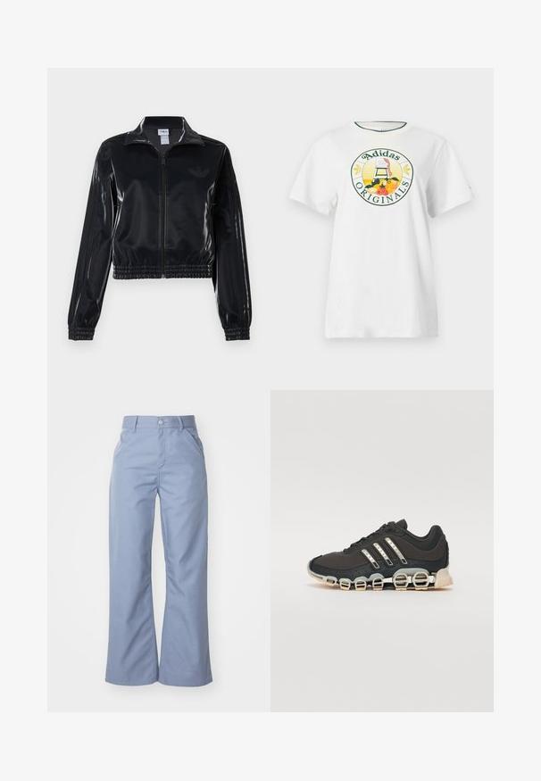 Schwarze, glänzende Trackjacke mit Reißverschluss und elastischen Bündchen und Saum, die dezente Drei-Streifen-Details an den Ärmeln und ein tonales Logo auf der Brust aufweist.; Weißes Baumwoll-T-Shirt mit kurzen Ärmeln, ausgestattet mit einem runden Grafiklogo in Grün und Gelb, das "Adidas Originals" und Obstdesigns zeigt.; Helle blaue weit geschnittene Hose aus einer glatten Baumwollmischung, mit frontalen Taschen und einem Knopfverschluss an der Taille.; Schwarzer Sportschuh mit einer strukturierten Oberseite, drei silbernen Streifen und einer markanten Dämpfungssohle mit mehreren integrierten Sektionen.