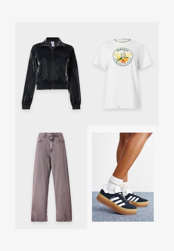 Zwarte glanzende zip-up trainingsjack met elastische mouwen en zoom, met subtiele drie-strepen details op de mouwen en een tonale logo op de borst.; Witte katoenen T-shirt met korte mouwen, met een ronde grafische logo in groen en geel, waarop "Adidas Originals" en fruitontwerpen zijn afgebeeld.; Hoge taille, wijde jeans in licht paarse denim, met een knoopsluiting, vijf zakken en subtiele vervaging bij de naden.; Zwarte suède sneakers met witte strepen en accenten, ronde neus, gum rubberen buitenzool, gecombineerd met witte geribbelde crewkousen.