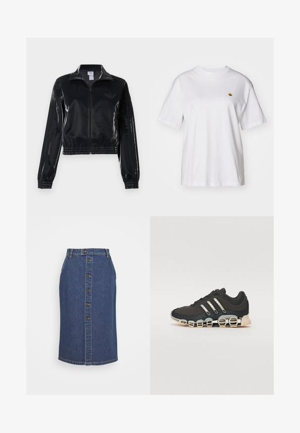 Musta kiiltävä vetoketjullinen urheilutakki, jossa on joustavat hihansuut ja helma, jossa on huomaamaton kolmitahoinen yksityiskohta hihoissa ja sävyttävä logo rinnassa.; Valkoinen puuvillapaita rentoa istuvuutta, lyhyet hihat ja pieni kirjailtu logo vasemmassa rinta-alueessa.; Tummansininen farkkuhame, jossa on edessä nappikiinnitys, pystysaumayksityiskohtia ja klassinen helma.; Musta urheilujalkine, jossa on teksturoitu päällinen, kolme hopeista raitaa ja erottuva vaimennustuli, jonka rakenne koostuu useista integroituista osista.