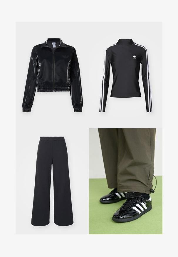 Fekete, fényes, cipzáras sportdzseki elasztikus mandzsettával és aljjal, a mára árnyalatú háromcsíkozás a ujjakon és egy tónusbeli logó a mellkason.; Fekete, hosszú ujjú felső, magas gallérral, sima anyagból készült. Fehér oldalsávokkal és egy kis fehér logóval a mellen.; Fekete, bő szárú melegítőnadrág, puha anyagból készült, rugalmas derékkal és egy kis logóval a bal oldalon.; Fekete lakkbőr sportcipő három fehér csíkkal, fekete fűzőkkel és struktúrált fekete talppal, olívzöld nadrággal párosítva.