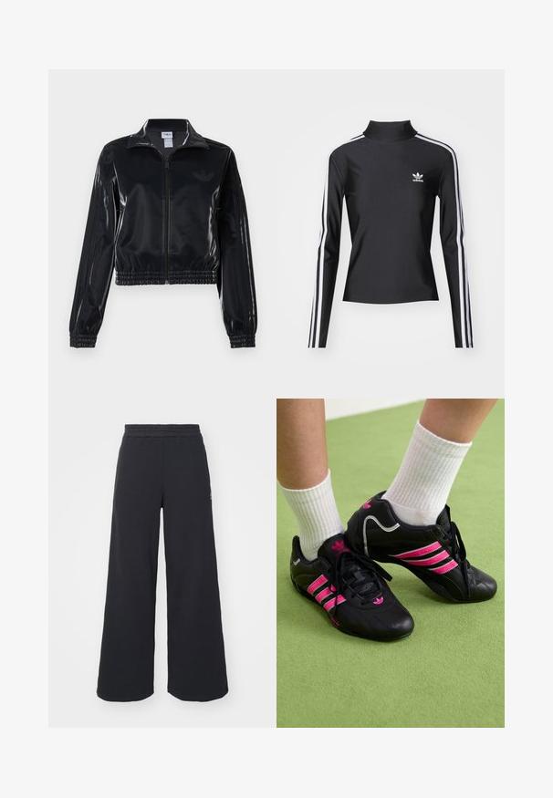 Must tume läikiv tõmblukuga spordijakk elastsete ääriste ja hemiga, millel on varrukatel peened kolmerealised detailid ja toon-on-tone logo rinnal.; Mustal pikkade varrukate ja kõrge kraega topp, mis on valmistatud sileda kangaga. Omab valgeid külgtriibusid ja väikest valget logo rinnal.; Mustad laiad spordipüksid, mis on valmistatud pehmest kangast, elastse vöökohtaga ja väikese logoga vasakul küljel.; Mustad musta värvi spordijalatsid, millel on kolm roosat triipu, tekstureeritud nahkpealne, mustad paelad ja logo detail, koos valgete ribaga sokkidega rohelisel pinnal.