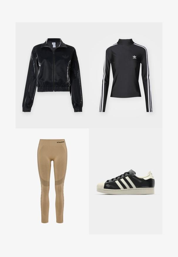 Veste de survêtement noire brillante à fermeture éclair, avec des poignets et un ourlet élastiques, arborant de subtils détails à trois rayures sur les manches et un logo ton sur ton sur le torse.; Haut noir à manches longues avec un col montant, fabriqué dans un tissu lisse. Présente des bandes latérales blanches et un petit logo blanc sur la poitrine.; Leggings de sport beiges avec une taille haute, présentant des panneaux texturés et un logo en haut. Fabriqués en matériau extensible pour plus de confort.; Baskets en cuir noir avec des rayures blanches, embout en caoutchouc, lacets noirs et semelle extérieure crème. Texture lisse avec une finition brillante.