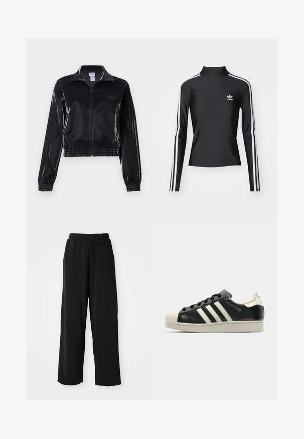 Svart, glinsende zip-up treningsjakke med elastiske mansjetter og nederkant, med subtile tre-stripes detaljer på ermene og en tonet logo på brystet.; Svart langermet topp med høy krage, laget av glatt stoff. Har hvite side-striper og en liten hvit logo på brystet.; Sorte vide bukser laget av mykt stoff, med elastisk linning og ingen synlige lommer. Glatt tekstur med avslappet passform.; Svarte skinnsneakers med hvite striper, gummitopp, svarte lisser og en kremfarget såle. Glatt tekstur med blank finish.