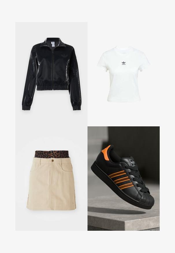 Zwarte glanzende zip-up trainingsjack met elastische mouwen en zoom, met subtiele drie-strepen details op de mouwen en een tonale logo op de borst.; Witte katoenen T-shirt met korte mouwen en een ronde hals. Voorzien van een zwart Adidas-logo op de borst. Eenvoudig, minimalistisch ontwerp.; Tan denim rok met een bruine elastieken tailleband met luipaardprint, voorzakken en een rechte snit, met zichtbare stikdetails.; Zwarte sneaker met oranje accenten, drie horizontale strepen, bovenwerk van textuurlak, rubberen neuzen en zwarte veters.