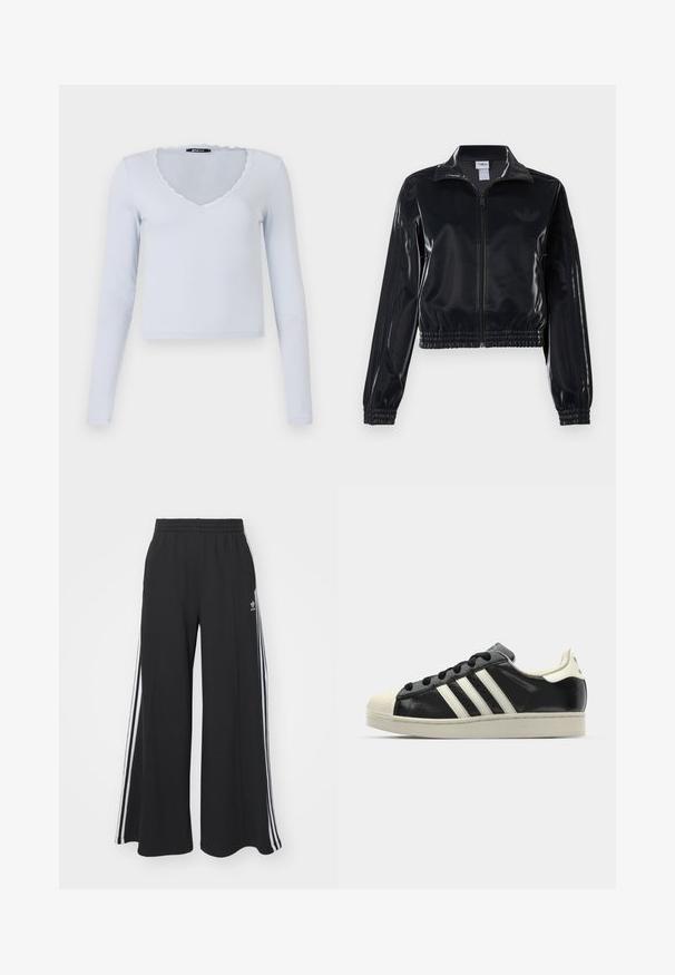 Schwarze, glänzende Trackjacke mit Reißverschluss und elastischen Bündchen und Saum, die dezente Drei-Streifen-Details an den Ärmeln und ein tonales Logo auf der Brust aufweist.; Helles blaues Langarmoberteil mit geripptem Texture, V-Ausschnitt und gewelltem Spitzenrand um den Ausschnitt und die Ärmel.; Schwarze weite Sweatpants mit elastischem Bund, versehen mit weißen Seitestreifen und einem gestickten Logo auf dem linken Oberschenkel.; Schwarze Ledersneaker mit weißen Streifen, Gummikappe, schwarzen Schnürsenkeln und einer cremefarbenen Sohle. Glatte Textur mit glänzender Oberfläche.