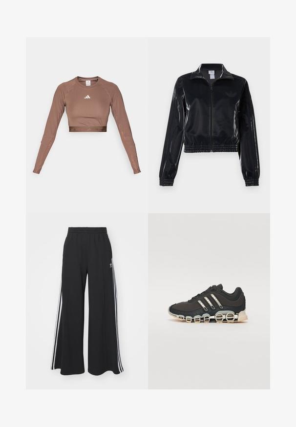 Must tume läikiv tõmblukuga spordijakk elastsete ääriste ja hemiga, millel on varrukatel peened kolmerealised detailid ja toon-on-tone logo rinnal.; Pruun pikas varrukas lühike topp, mis on valmistatud siledast, venivast kangast. Omab ümmargust kaelust ja kontrastset valget logo rinnal.; Mustad laiad trenni püksid elastse vöökohtaga, millel on valged küljeribad ja tikitud logo vasakul reiel.; Must have sportlik kingad musta värvi, millel on tekstuuriga pealisosa, kolm hõbedast triipu ja eristuv pehmendusnähtus, millel on mitmed integreeritud osad.