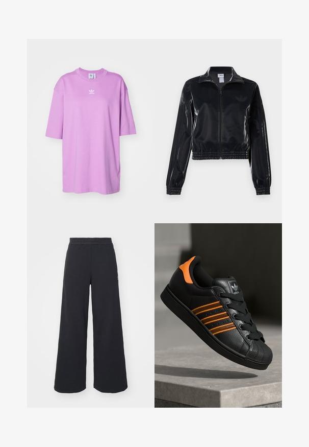 Fekete, fényes, cipzáras sportdzseki elasztikus mandzsettával és aljjal, a mára árnyalatú háromcsíkozás a ujjakon és egy tónusbeli logó a mellkason.; adidas Originals TEE - Basic póló - preloved purple; Fekete, bő szárú melegítőnadrág, puha anyagból készült, rugalmas derékkal és egy kis logóval a bal oldalon.; Fekete sportcipő narancssárga részletekkel, három vízszintes csíkkal, texturált bőr felsőrésszel, gumis orral és fekete fűzőkkel.
