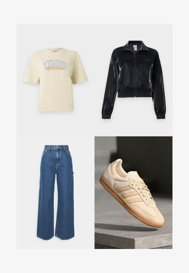 Svart, glinsende zip-up treningsjakke med elastiske mansjetter og nederkant, med subtile tre-stripes detaljer på ermene og en tonet logo på brystet.; Kremfarget t-skjorte med korte ermer som har "TIMBS Authentic" i blå og gull bokstaver. Laget av myk bomull med en avslappet passform.; Videbeinete blå denimbukser med høy midje, kontraststing, og sidelommer, med et klassisk fem-lommers design og rå kanter.; Lys beige suedette sneakers med gummisåle, tre diagonale striper og en teksturert tåhette. Har logo på tungen og siden.