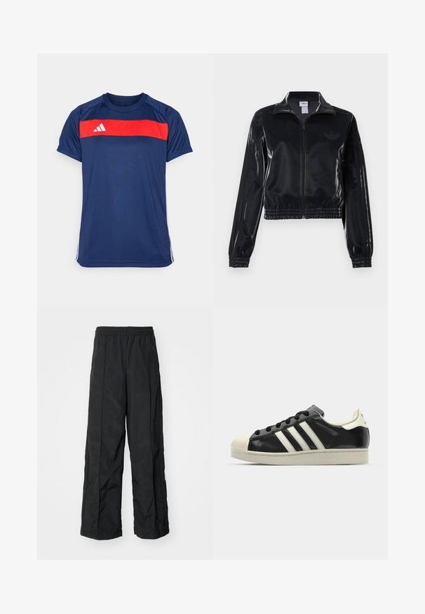Čierna lesklá zipsová športová bunda s elastickými manžetami a spodným lemom, ktorá má jemné trojpruhové detaily na rukávoch a tonálny logotyp na hrudi.; Námornícky modré športové tričko s horizontálnym červeným prúžkom cez hruď a tromi bielymi prúžkami na rukávoch. Materiál je hladký a ľahký.; Čierne nohavice s širokými nohavicami a elastickým pásom, ktoré sa vyznačujú hladkou textúrou a bočnými švovými detailmi pre lepší dizajn.; Čierne kožené tenisky s bielymi pruhmi, gumenou špičkou, čiernymi šnúrkami a krémovobielou podrážkou. Hladký povrch s lesklým finišom.