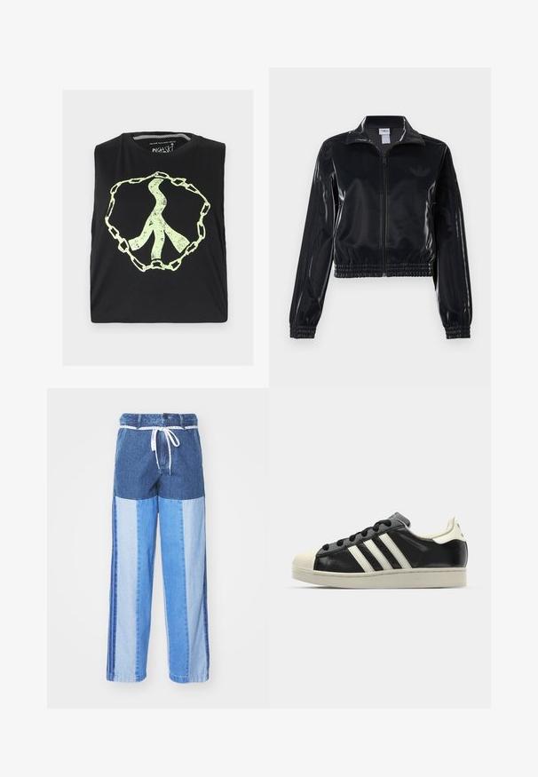 Czarna, błyszcząca kurtka sportowa na zamek błyskawiczny z elastycznymi mankietami i dołem, z subtelnym detalem w postaci trzech pasków na rękawach oraz stonowanym logo na klatce piersiowej.; Czarna bezrękawnik z dużym, wyblakłym, jasnooliwkowym symbolem pokoju otoczonym wzorem łańcucha. Wykonany z miękkiej bawełny.; Niebieskie dżinsowe spodnie z patchworkowym wzorem w różnych odcieniach niebieskiego, z elastycznym pasem na troczki oraz luźnymi, prostymi nogawkami.; Czarne skórzane trampki z białymi paskami, gumowym czubkiem, czarnymi sznurówkami i kremową podeszwą. Gładka faktura z połyskującym wykończeniem.