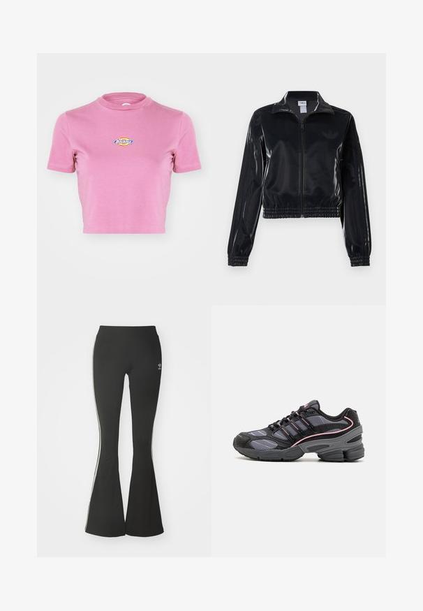 Čierna lesklá zipsová športová bunda s elastickými manžetami a spodným lemom, ktorá má jemné trojpruhové detaily na rukávoch a tonálny logotyp na hrudi.; Dickies MAPLE VALLEY - Tričko s potlačou - mellow mauve; Čierne rozšírené legíny z elastickej tkaniny, s vysokým pásom a bielymi bočnými pruhmi. Obsahujú malé logo na páse.; Čierne a šedé športové topánky s sieťovinovými panelmi, ružovými akcentovými líniami a robustným dizajnom podrážky. Obsahujú šnúrky a detaily z textúrovaného materiálu.