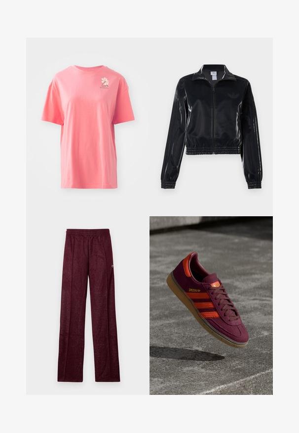 Čierna lesklá zipsová športová bunda s elastickými manžetami a spodným lemom, ktorá má jemné trojpruhové detaily na rukávoch a tonálny logotyp na hrudi.; Tričko s krátkym rukávom v koralovo ružovej farbe vyrobené z bavlny s okrúhlym výstrihom. Obsahuje malé biele logo v hornej ľavej časti hrudi.; Bordové športové nohavice vyrobené z textúrovanej tkaniny, s elastickým pásom a bočnými švami pre priame nohavice.; Bordové semišové tenisky s oranžovými pruhmi a akcentmi, hnedými šnúrkami a gumenou podrážkou. Obsahujú logo na jazyku.