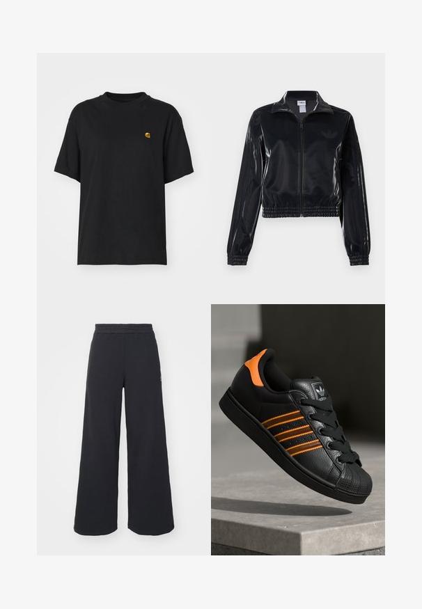 Schwarze, glänzende Trackjacke mit Reißverschluss und elastischen Bündchen und Saum, die dezente Drei-Streifen-Details an den Ärmeln und ein tonales Logo auf der Brust aufweist.; Schwarzes Baumwoll-T-Shirt mit lockerer Passform. Hat einen Rundhalsausschnitt und kurze Ärmel. Enthält ein kleines, goldfarben gesticktes Logo auf der Brust.; Schwarze weite Sweatpants aus weichem Material, mit einem elastischen Taillenbund und einem kleinen Logo auf der linken Seite.; Schwarze Sneaker mit orangen Akzenten, drei horizontalen Streifen, strukturiertem Lederobermaterial, Gummikappe und schwarzen Schnürsenkeln.