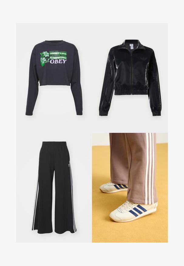 Schwarze, glänzende Trackjacke mit Reißverschluss und elastischen Bündchen und Saum, die dezente Drei-Streifen-Details an den Ärmeln und ein tonales Logo auf der Brust aufweist.; Schwarzes, gekürztes Langarmshirt mit grünem und lila Text, der besagt "Alles, was ich über das Leben gelernt habe, habe ich beim Wachsen gelernt OBEY", mit floralen Akzenten.; Schwarze weite Sweatpants mit elastischem Bund, versehen mit weißen Seitestreifen und einem gestickten Logo auf dem linken Oberschenkel.; Cremfarbene Sneaker mit blauen Wildlederstreifen, weißen Schnürsenkeln und einer Gummisohle. Kombiniert mit grauen Jogginghosen mit weißen Seitenstreifen.