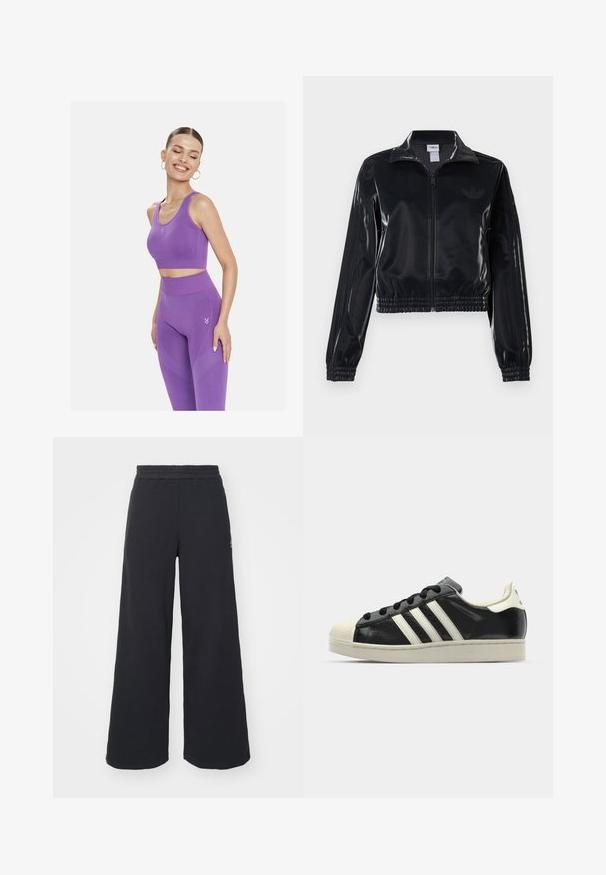 Černá lesklá sportovní bunda na zip s elastickými manžetami a lemem, s jemným trojpruhovým detailem na rukávech a tónovým logem na hrudi.; Cardio Bunny CHILL CROP - Top - purple; Černé široké tepláky vyrobené z měkké tkaniny, s elastickým pasem a malým logem na levé straně.; Černé kožené sneakers s bílými pruhy, gumovou špičkou, černými tkaničkami a krémovou podešví. Hladký povrch s lesklým finišem.