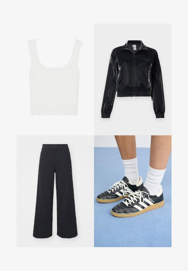 Svart, glinsende zip-up treningsjakke med elastiske mansjetter og nederkant, med subtile tre-stripes detaljer på ermene og en tonet logo på brystet.; Hvitt ribbet tanktop med bølgete kanter på stroppene og utringningen, i en tettsittende fasong og myk tekstur.; Svart bukse med vid benvidde laget av myk stoff, med elastisk midjebånd og en liten logo på venstre side.; Sorte lærersneakers med hvite striper, rund tå, hvite snørebånd og såle av gummigummi. Fremhevet med polstret krage og merkeinfos.