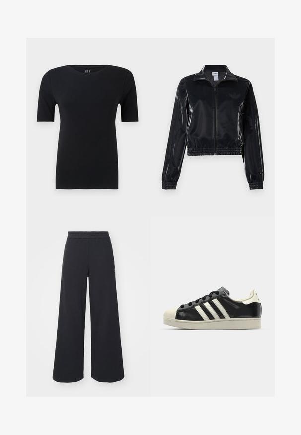 Jachetă sport neagră, lucioasă, cu fermoar, cu manșete și tiv elastic, având detalii subtile cu trei dungi pe mâneci și un logo tonal pe piept.; Tricou negru cu mânecă scurtă, confecționat din bumbac moale, având un decolteu rotund și o croială lejeră, cu cusături minime și fără modele vizibile.; Pantaloni de trening negri, cu picioare largi, confecționați dintr-un material moale, având un talie elastică și un logo mic pe partea stângă.; Sneaker din piele neagră cu dungi albe, vârf din cauciuc, șireturi negre și talpă de culoare crem. Textură netedă cu finisaj strălucitor.
