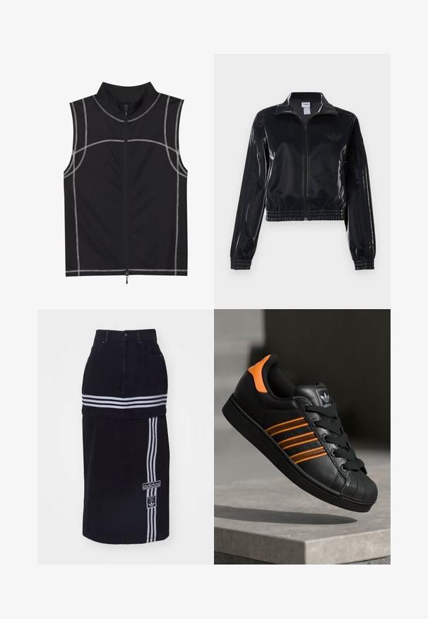 Juodas blizgus zip-up sportinis švarkas su elastinėmis rankovėmis ir apatine dalimi, su subtiliais trimis juostomis ant rankovių ir toniniu logotipu krūtinėje.; Juodas bevandenis liemenė, pagaminta iš lygaus audinio, su sidabrinėmis siūlėmis ir priekyje užtrauktuku, su aukšta apykakle.; Juoda džinsinė sijonas su aukštu juosmeniu, turintis dvi baltas horizontalias juosteles, šone esančią Adidas logotipo etiketę ir tiesų kirpimą.; Juodas sportinis batelis su oranžiniais akcentais, trimis horizontaliomis juostelėmis, tekstūruota odinė viršutinė dalis, guminiu nosių dangteliu ir juodomis raišteliais.