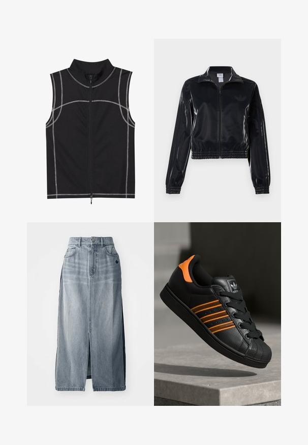 Čierna lesklá zipsová športová bunda s elastickými manžetami a spodným lemom, ktorá má jemné trojpruhové detaily na rukávoch a tonálny logotyp na hrudi.; Čierny bezrukávový vest, vyrobený z hladkej látky, s detailmi strieborného prešívania a predným zipsom, navrhnutý s vysokým golierom.; Džínová sukňa v svetlo modrej farbe s predným rozparkem, dvoma vreckami a detailom loga. Má vysoký pás a rovný strih, vyrobená z odolnej tkaniny.; Čierne tenisky s oranžovými akcentami, tromi horizontálnymi pruhmi, textúrovaným koženým zvrškom, gumovým ochranným vankúšikom na prstoch a čiernymi šnúrkami.