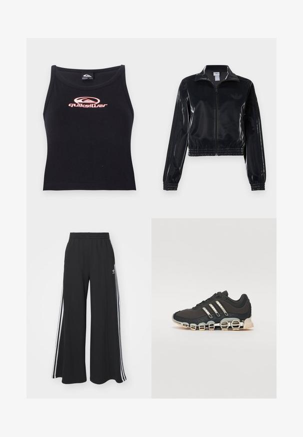 Fekete, fényes, cipzáras sportdzseki elasztikus mandzsettával és aljjal, a mára árnyalatú háromcsíkozás a ujjakon és egy tónusbeli logó a mellkason.; Fekete ujjatlan cropped top, puha anyagból, a mellkason középen elhelyezett rózsaszín Quiksilver logóval. Egyszerű dizájn, kerek nyakkivágással.; Fekete, bő szárú melegítőnadrág, rugalmas derékkal, fehér oldalsávokkal és hímzett logóval a bal combon.; Fekete sportcipő texturált felsőrésszel, három ezüst csíkkal, és egy jellegzetes párnázott talppal, amely több integrált szakaszból áll.
