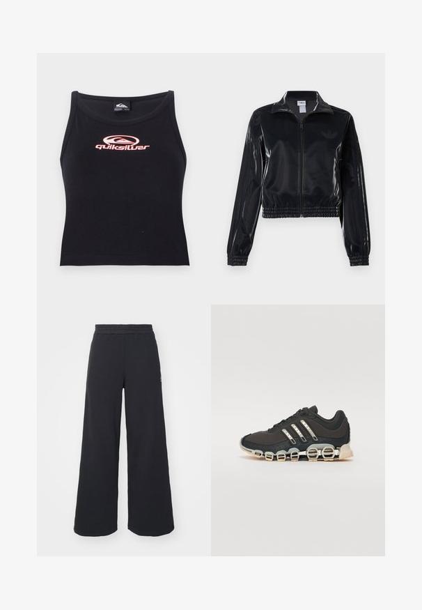 Jachetă sport neagră, lucioasă, cu fermoar, cu manșete și tiv elastic, având detalii subtile cu trei dungi pe mâneci și un logo tonal pe piept.; Crop top negru fără mâneci, fabricat dintr-un material moale, cu un logo roz Quiksilver centrat pe piept. Design simplu, cu guler rotund.; Pantaloni de trening negri, cu picioare largi, confecționați dintr-un material moale, având un talie elastică și un logo mic pe partea stângă.; Pantof cu aspect sport de culoare neagră, cu un superior texturat, trei dungi argintii și o talpă de amortizare distinctivă, ce prezintă multiple secțiuni integrate.