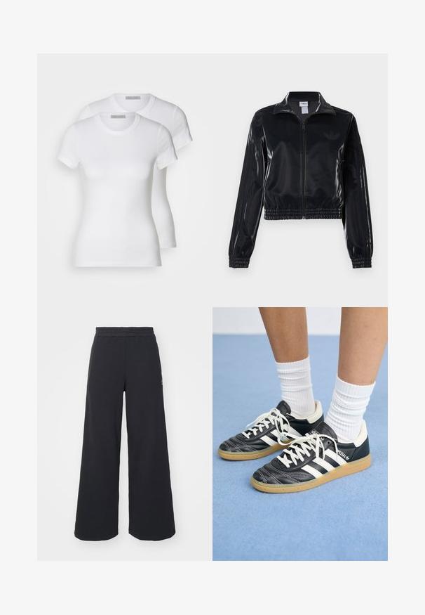 Zwarte glanzende zip-up trainingsjack met elastische mouwen en zoom, met subtiele drie-strepen details op de mouwen en een tonale logo op de borst.; Twee witte katoenen t-shirts met korte mouwen, ronde halslijnen en een getailleerd silhouet, met een zachte textuur en minimalistisch ontwerp.; Zwarte wijde sweatpants gemaakt van zachte stof, met een elastische tailleband en een klein logo aan de linkerkant.; Zwarte leren sneakers met witte strepen, ronde neus, witte veters en een gumrubberen zool. Versterkt met een gevoerd kraag en merkdetails.
