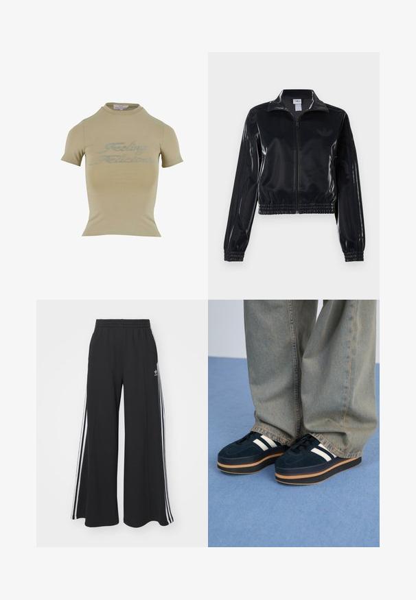 Černá lesklá sportovní bunda na zip s elastickými manžetami a lemem, s jemným trojpruhovým detailem na rukávech a tónovým logem na hrudi.; Khaki tričko s krátkým rukávem a vysokým límcem, s lesklým textem z rhinestones "Feeling Fabulous" na přední straně. Hladká textura látky.; Černé pohodlné tepláky širokého střihu s elastickým pasem, na boční straně s bílými pruhy a vyšitým logem na levé stehně.; Tmavě modré semišové platformové tenisky s bílými pruhy a černými tkaničkami. Mají silnou hnědou gumovou podešev. Noseny se světle modrými džíny.