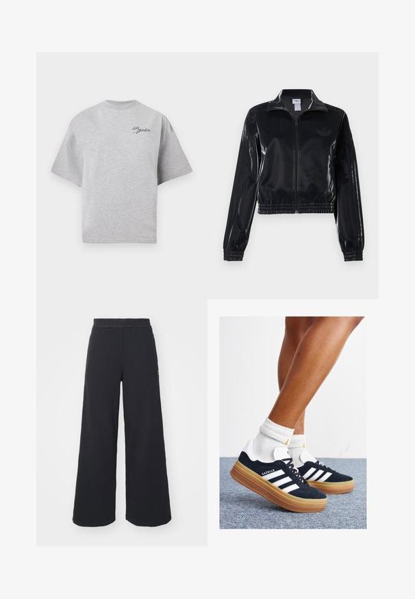 Chaqueta de chándal negra y brillante con cremallera, puños y dobladillo elásticos, que presenta un sutil detalle de tres rayas en las mangas y un logotipo tono sobre tono en el pecho.; Camiseta de gran tamaño en color gris, hecha de algodón, con cuello redondo, mangas cortas y un logotipo en azul marino en la parte superior izquierda.; Pantalones de chándal negros de pierna ancha, hechos de una tela suave, con una cintura elástica y un pequeño logo en el lado izquierdo.; Zapatillas deportivas de gamuza negra con rayas y detalles blancos, puntera redondeada, suela de goma color caramelo, combinadas con calcetines blancos acanalados a la altura del tobillo.