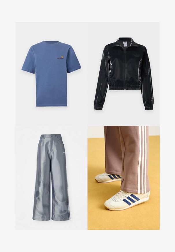 Giacca a piedi nera lucida con zip, dotata di polsini e orlo elastici, con discreti dettagli a tre strisce sulle maniche e un logo tonale sul petto.; T-shirt in cotone blu con maniche corte, con un piccolo logo rosso e giallo sul petto. Collo girocollo semplice con orlo dritto.; Pantaloni a gamba larga in materiale grigio lucido, con strisce laterali bianche e un motivo a fiamma sulla parte inferiore delle gambe. Chiusura con bottone e zip in vita.; Sneakers crema con strisce in suede blu, lacci bianchi e suola in gomma. Abbinati a pantaloni sportivi grigi con strisce laterali bianche.
