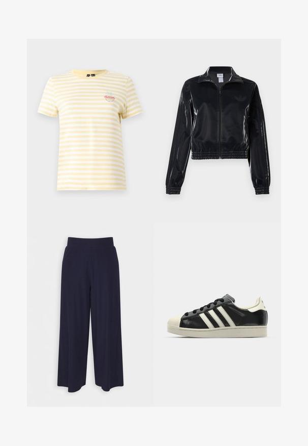 Juodas blizgus zip-up sportinis švarkas su elastinėmis rankovėmis ir apatine dalimi, su subtiliais trimis juostomis ant rankovių ir toniniu logotipu krūtinėje.; Geltonai ir baltais dryžuotas marškinėliai su trumpomis rankovėmis ir apvaliu kaklu. Yra siuvinėtas "Vasaros" grafikas ir palmės detalė.; Plati kojinės tamsiai mėlynos spalvos audiniu su vagelėmis. Turi lygų juosmenį ir laisvą siluetą, kuris siekia iki pusės blauzdos.; Juodi odiniai sportiniai bateliai su baltais dryžiais, guminis toe kapas, juodi raišteliai ir kreminis padas. Lygus pavirčius su blizgiu finišu.