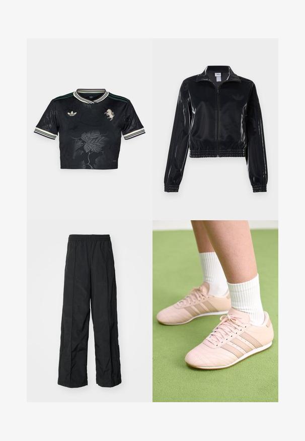 Fekete, fényes, cipzáras sportdzseki elasztikus mandzsettával és aljjal, a mára árnyalatú háromcsíkozás a ujjakon és egy tónusbeli logó a mellkason.; Fekete, crop fazonú jersey virágmintás domború dizájnnal, három csíkkal az ujjakon, hímzett logóval és kontrasztos zöld-fehér gallérral.; Fekete, bő szárú nadrág, rugalmas derékkal, sima textúrával és oldalsó varrással a dizájn fokozása érdekében.; Világos rózsaszín sportcipők, átlós varrással, fehér talppal és három oldalsó csíkkal. Zöld felületen bordázott fehér zoknikkal viselve.