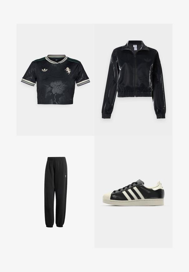 Chaqueta de chándal negra y brillante con cremallera, puños y dobladillo elásticos, que presenta un sutil detalle de tres rayas en las mangas y un logotipo tono sobre tono en el pecho.; Jersey negro corto con diseño en relieve de flores, tres rayas en las mangas, logo bordado y cuello en contraste verde y blanco.; Pantalones de chándal negros hechos de un tejido suave y texturizado. Presentan una cinturilla elástica, puños y un pequeño logo blanco cerca de la cadera.; Zapatilla de cuero negro con rayas blancas, puntera de goma, cordones negros y suela color crema. Textura suave con acabado brillante.