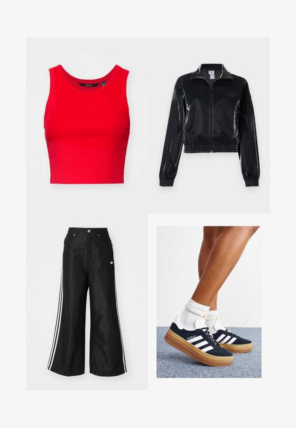 Juodas blizgus zip-up sportinis švarkas su elastinėmis rankovėmis ir apatine dalimi, su subtiliais trimis juostomis ant rankovių ir toniniu logotipu krūtinėje.; Raudonas trumpas tanko marškinėlis, pagamintas iš raukšlėto audinio, su apvaliu iškirpimu ir plačiomis petnešomis, turintis lygią tekstūrą.; Juodos plačios džinsinės kelnės su trimis baltais juostelėmis kiekvienoje pusėje ir mažu baltu logotipu. Yra priekiniai kišenės ir sagčių užsegimas.; Juodi zomšiniai sportbačiai su baltais dryžiais ir akcentais, apvalios nosies, guminio, gumos pado, derinami su baltais raitytais vidutinio ilgio kojinaitėmis.