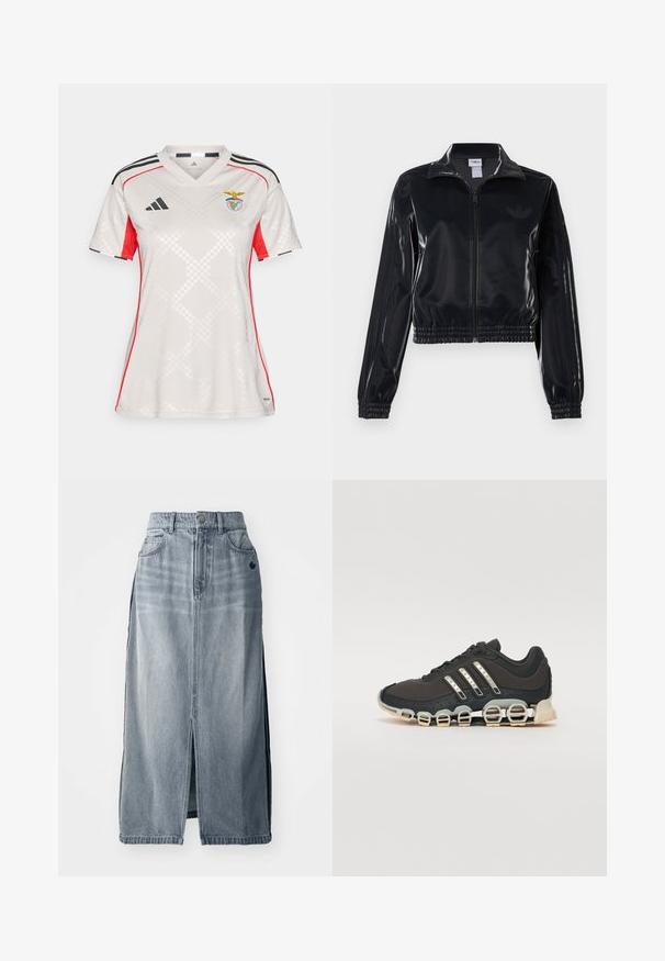 Fekete, fényes, cipzáras sportdzseki elasztikus mandzsettával és aljjal, a mára árnyalatú háromcsíkozás a ujjakon és egy tónusbeli logó a mellkason.; Fehér Adidas mez piros kiegészítőkkel és fekete csíkkal. V nyakú, textúrált gyémántmintás, és a Benfica emblémával rendelkezik a mellrészen.; Világoskék farmer szoknya elöl hasítékkal, két zsebbel és logó részlettel. Magas derék és egyenes vonalvezetés jellemzi, tartós anyagból készült.; Fekete sportcipő texturált felsőrésszel, három ezüst csíkkal, és egy jellegzetes párnázott talppal, amely több integrált szakaszból áll.
