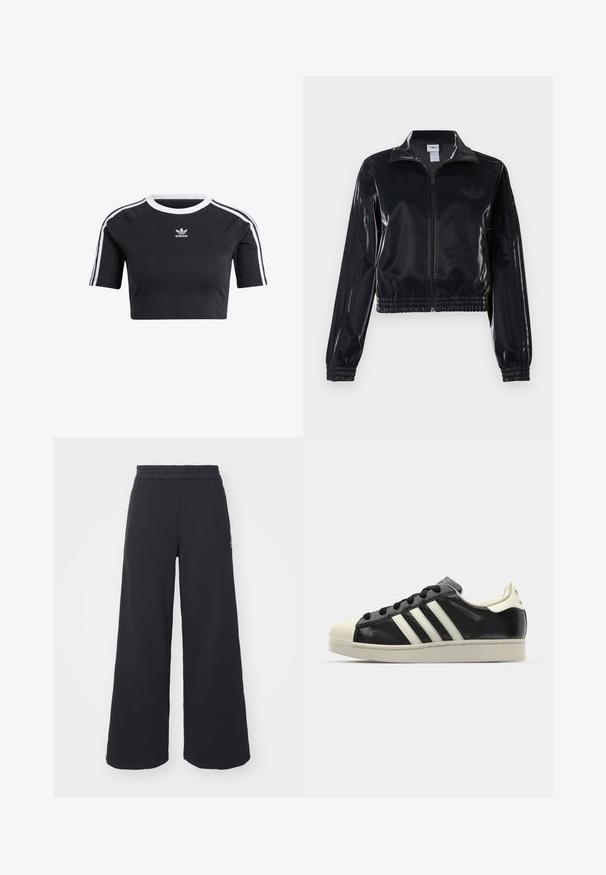 Svart, glinsende zip-up treningsjakke med elastiske mansjetter og nederkant, med subtile tre-stripes detaljer på ermene og en tonet logo på brystet.; Svart kort t-skjorte laget av bomull, med ribbet hvit rund hals, korte raglanermer og hvite sidestriper med en liten logo.; Svart bukse med vid benvidde laget av myk stoff, med elastisk midjebånd og en liten logo på venstre side.; Svarte skinnsneakers med hvite striper, gummitopp, svarte lisser og en kremfarget såle. Glatt tekstur med blank finish.
