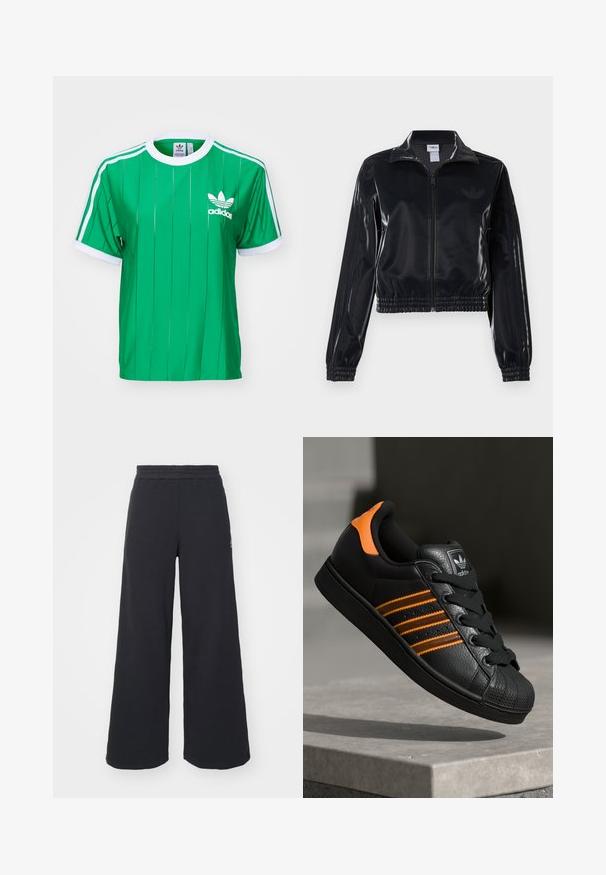 Melna spīdīga zip-up sporta jaka ar elastīgām piedurknēm un apakšmalu, ar smalku trīsrindu detaļu uz piedurknēm un tonālu logotipu uz krūšu daļas.; Zaļš Adidas T-krekls ar vertikālām svītrām, baltām akcentiem un apaļu kaklu. Uz kreisā krūšu laukuma ir Adidas logotips.; Melni platās svārku bikses, izgatavotas no mīksta auduma, ar elastīgu jostas daļu un mazu logotipu kreisajā pusē.; Melnas kedas ar oranžiem akcentiem, trīs horizontālas svītras, teksturēts ādas augšdaļa, gumijas purngala daļa un melnas auklas.