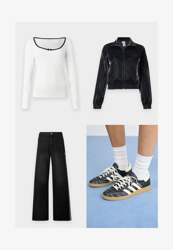 Musta kiiltävä vetoketjullinen urheilutakki, jossa on joustavat hihansuut ja helma, jossa on huomaamaton kolmitahoinen yksityiskohta hihoissa ja sävyttävä logo rinnassa.; Pitkähihainen valkoinen paita, jossa on neliökaula-aukko, musta reunus ja pieni musta solki keskellä. Teksturoitu uritettu kangas.; Kapelein mustat farkut, joissa on kontrastiväriset mustat sivupaneelit. Ominaisuuksiin kuuluu klassinen farkkukangas, hopeinen nappisulku ja valkoiset koristelaitteet.; Mustat nahkasneakerit valkoisilla raidoilla, pyöreä kärki, valkoiset nauhat ja kumipohja. Korostaa pehmustettua kaulusta ja brändäysohjeita.