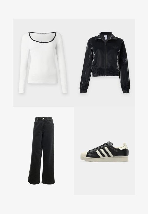 Schwarze, glänzende Trackjacke mit Reißverschluss und elastischen Bündchen und Saum, die dezente Drei-Streifen-Details an den Ärmeln und ein tonales Logo auf der Brust aufweist.; Langärmliges weißes Hemd mit quadratischem Ausschnitt, schwarzem Besatz und einem kleinen schwarzen Schleifendetail in der Mitte. Strukturierter, gerippter Stoff.; Hochbundige, weit geschnittene schwarze Jeans mit Knopfverschluss, fünf Taschen und einem kleinen, auf der Vorderseite gestickten Logo. Strukturierter Stoff.; Schwarze Ledersneaker mit weißen Streifen, Gummikappe, schwarzen Schnürsenkeln und einer cremefarbenen Sohle. Glatte Textur mit glänzender Oberfläche.
