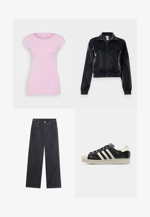 Čierna lesklá zipsová športová bunda s elastickými manžetami a spodným lemom, ktorá má jemné trojpruhové detaily na rukávoch a tonálny logotyp na hrudi.; GAP BATEAU - Základné tričko - sugar pink; Široké nohavice v tmavo sivej kordovej látke, s gombíkovým zapínaním, štyrmi vreckami a jemne textúrovaným povrchom.; Čierne kožené tenisky s bielymi pruhmi, gumenou špičkou, čiernymi šnúrkami a krémovobielou podrážkou. Hladký povrch s lesklým finišom.