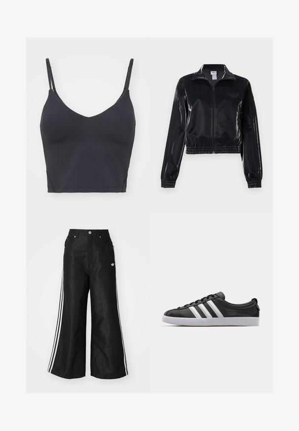 Juodas blizgus zip-up sportinis švarkas su elastinėmis rankovėmis ir apatine dalimi, su subtiliais trimis juostomis ant rankovių ir toniniu logotipu krūtinėje.; Juodas vientisas braletė su plonomis reguliuojamomis petnešėlėmis, V formos iškirpte ir prigludusia forma. Minkšta, elastinga medžiaga be matomų detalių.; Juodos plačios džinsinės kelnės su trimis baltais juostelėmis kiekvienoje pusėje ir mažu baltu logotipu. Yra priekiniai kišenės ir sagčių užsegimas.; Juodos odinės sportinės bateliai su baltu trimis juostelėmis, apvaliu pirštu, plokščiu baltu guminio pado ir prekės ženklo detale šone.