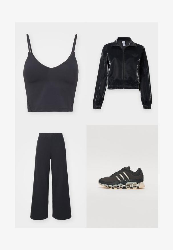 Melna spīdīga zip-up sporta jaka ar elastīgām piedurknēm un apakšmalu, ar smalku trīsrindu detaļu uz piedurknēm un tonālu logotipu uz krūšu daļas.; Melna bezšuvju bralette ar plānām regulējamām siksnām, V-veida kakla izgriezumu un pieguļošu dizainu. Mīksta, elastīga auduma, bez redzamām detaļām.; Melni platās svārku bikses, izgatavotas no mīksta auduma, ar elastīgu jostas daļu un mazu logotipu kreisajā pusē.; Melna sporta apavi ar teksturētu augšdaļu, trim sudraba svītrām un atšķirīgu amortizācijas zoli, kas sastāv no vairākiem integrētiem sekvencēm.
