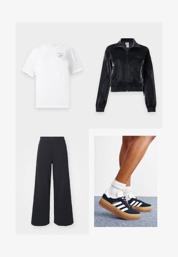 Juodas blizgus zip-up sportinis švarkas su elastinėmis rankovėmis ir apatine dalimi, su subtiliais trimis juostomis ant rankovių ir toniniu logotipu krūtinėje.; Balta trumpa rankovė t-shirt marškiniai su mažu raudonu "Billabong Surf Club 1973" logotipu ir banglentininko grafika ant kairės krūtinės pusės.; Juoda plačių kojų sportinė kelnė, pagaminta iš minkštos medžiagos, su elastinga juosmens juosta ir mažu logotipu kairėje pusėje.; Juodi zomšiniai sportbačiai su baltais dryžiais ir akcentais, apvalios nosies, guminio, gumos pado, derinami su baltais raitytais vidutinio ilgio kojinaitėmis.