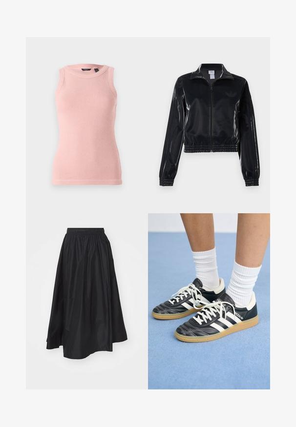 Black glossy zip-up track jacket with elastic cuffs and hem, featuring subtle three-stripe detailing on sleeves and a tonal logo on chest.; Sleeveless light pink knit tank top with a textured pattern, rounded neckline, and ribbed edges. Simple and fitted design.; Black, knee-length skirt made from lightweight fabric, featuring an elastic waistband and a flared design for ease of movement.; Black leather sneakers with white stripes, round toe, white laces, and gum rubber sole. Accentuated by padded collar and branding details.