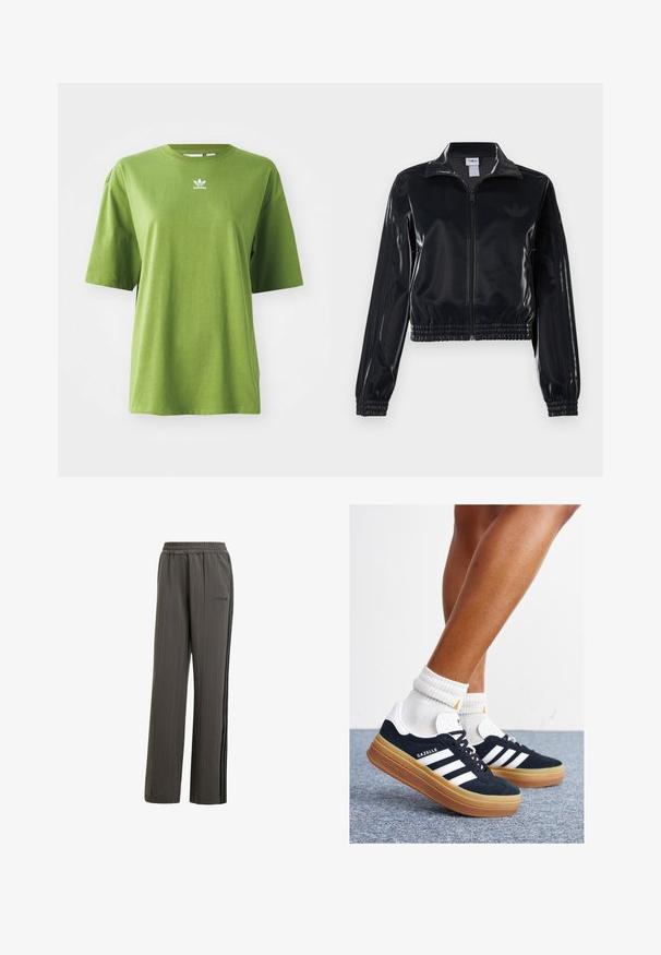 Sort, blank glans zip-jakke med elastiske manchetter og kant, der har diskrete tre-stribe detaljer på ærmerne og et tonalt logo på brystet.; Grøn bomuld t-shirt med korte ærmer, rund halsudskæring og hvidt Adidas-logo på brystet. Glat tekstur, afslappet pasform.; Grå svedebukser med striber, elastisk talje, sidelommer og sorte side-striber. Har et lille mærke-logo foran.; Sorte sneakers i ruskind med hvide striber og detaljer, rundet tå, ydersål i gummi, kombineret med hvide ribstrikkede crew sokker.