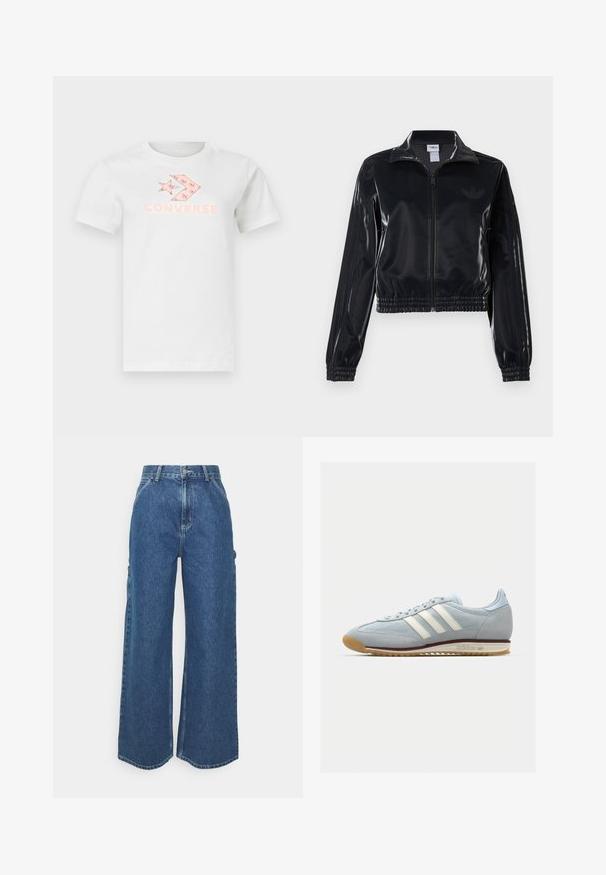 Melna spīdīga zip-up sporta jaka ar elastīgām piedurknēm un apakšmalu, ar smalku trīsrindu detaļu uz piedurknēm un tonālu logotipu uz krūšu daļas.; Balts kokvilnas T-krekls ar rozā drukātu logo un grafiskā dizaina atrisinājumu uz priekšpuses. Īsas piedurknes un klasiskā apaļā kakla izgriezums.; Platleņķa zili džinsi ar augstu jostasvietu, kontrastējošām šuvēm un sānu kabatām, ar klasisku piecu kabatu dizainu un neapstrādātiem malām.; Gaiši zili zamša sporta apavi ar baltām trim svītrām, gumijas zoli un teksturētu sietu. Ietver gludu purngalu un zīmolu uz papēža.