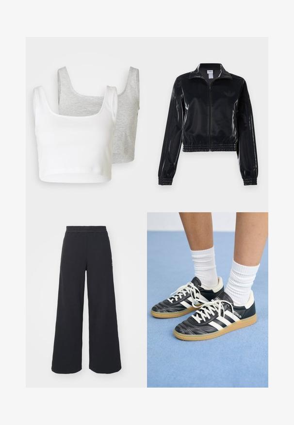 Schwarze, glänzende Trackjacke mit Reißverschluss und elastischen Bündchen und Saum, die dezente Drei-Streifen-Details an den Ärmeln und ein tonales Logo auf der Brust aufweist.; Zwei gekürzte Tanktops: eines in Weiß aus geripptem Stoff, das andere in Hellgrau mit melierter Textur. Beide haben breite Träger und einen abgerundeten Halsausschnitt.; Schwarze weite Sweatpants aus weichem Material, mit einem elastischen Taillenbund und einem kleinen Logo auf der linken Seite.; Schwarze Ledersneaker mit weißen Streifen, runder Zehenpartie, weißen Schnürsenkeln und Gummisohle. Abgerundet durch gepolsterten Kragen und Branding-Details.